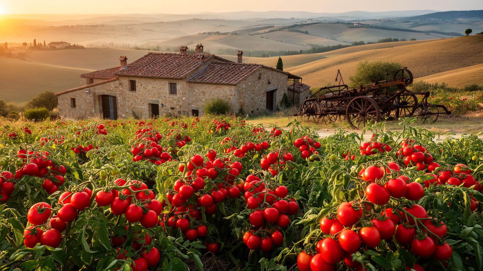 Rolling hills of Tuscany covered in ripe plum tomatoes on the vine, old stone Italian farmhouses with terracotta roofs and vintage farming equipment at golden hour